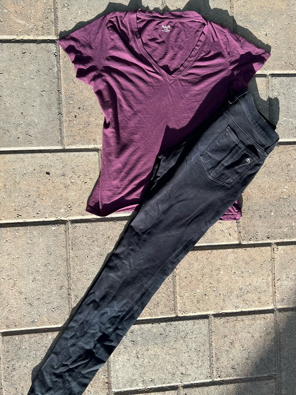 Rag & Bone black pants (4/27) + Madewell purple v-neck tee (Med)